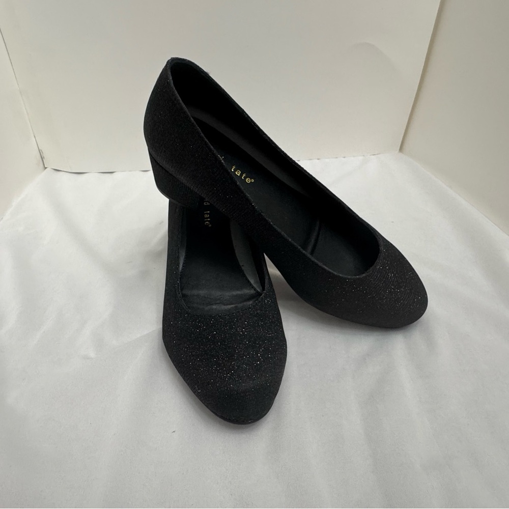 David Tate Black Glitter Block Heel Pumps‎
